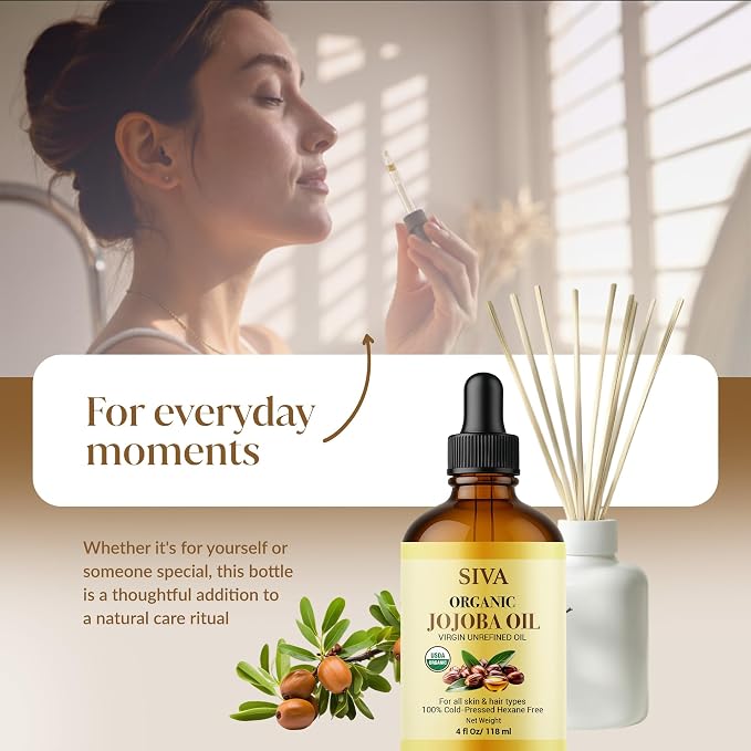 Siva Jojoba Organic Oil 4oz (118ml) Premium Cold-Pressed 100% Natural Organic Carrier Oil with Dropper for Face, Skin Care, Body Massage, Hair Care, Hair Oiling & Scalp Massage