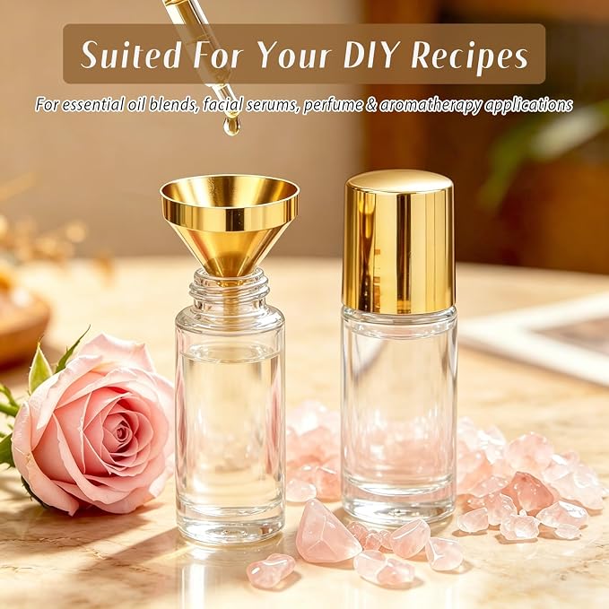 Cocurb 1oz Rose Quartz Roller Bottle for Essential Oils Perfume Skincare DIY,Refillable Leak-Proof Clear Glass Roll on Bottle Empty Deodorant Containers with Gold Cap&Storage Bag