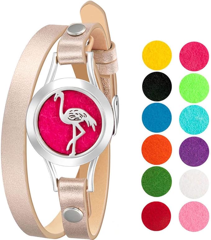 Wild Essentials Flamingo Essential Oil Bracelet Diffuser, Leather Wrap Band, Stainless Steel Locket Pendant, 12 Color Refill Pads, Customizable Color Changing Perfume Jewelry for Aromatherapy