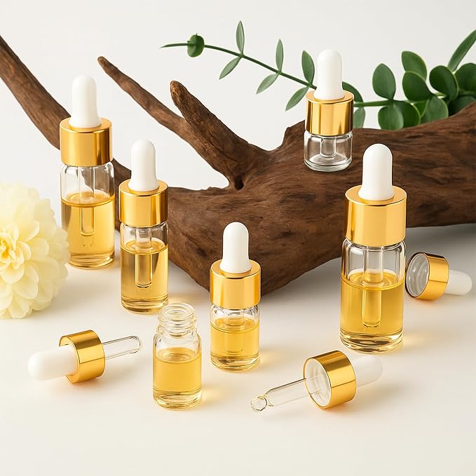 10pcs Mini Glass Dropper Bottle for Essential Oil,1ml Small Clear Sample Dropper Vails with Gold Cap,Perfume Cosmetic Liquid Containers for Traveling (3ml, 10)