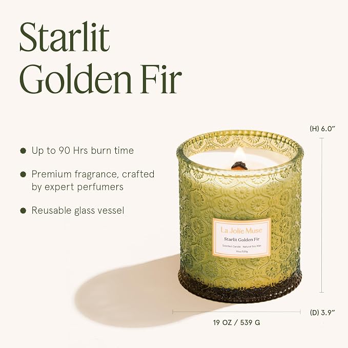 LA JOLIE MUSE Starlit Fir Pine Scented Candle for Home | Balsam & Cedarwood | Christmas Winter Holiday | 19 oz Non Toxic Natural Soy | Large Green Jar Candle | Luxury Gifts | Wood Wick