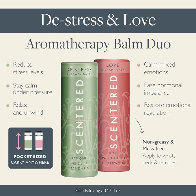 Scentered Aromatherapy Balm Sticks for Stress-Relief & Emotional Balance - Roll On Essential Oil Blends of Rose & Chamomile - Gifts for Valentines Day for Her - De-Stress & Love
