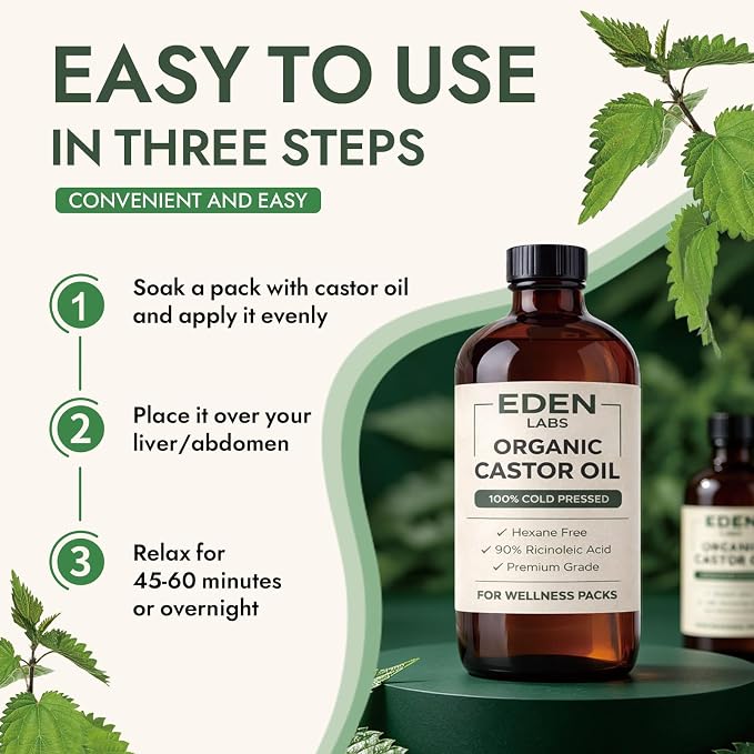 Eden Labs Castor Oil Pack, Organic Cold Pressed Castor Oil Detox Kit with Reusable Leak-Proof Wrap & Adjustable Straps, Supports Relaxation & Digestive Comfort, Easy to Use & Adjustable (1pcs)