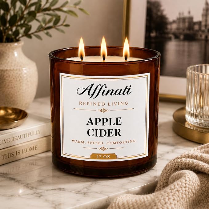 Affinati Apple Cider 3-Wick Scented Candle – Large Soy Blend Candle, Strong Scent Throw Warm Autumn Spiced Orchard Fruit Candle, Premium Fall Home Fragrance Gift