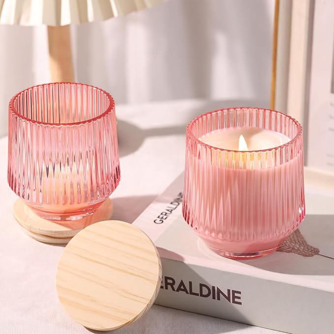 simeitol 13 OZ Pink Large Candle Jars for Making Candles - 6 Pack Glass Candle Jars Bulk with Vertical Striped, Candle Vessels with Bamboo Lids and Candle Wick Kit, for DIY, Home & Mother's Day