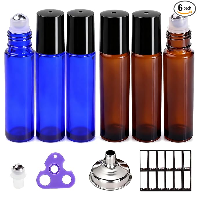 PrettyCare 6 pcs, 10 ml Roller Bottles for Essential Oil with Stainless Steel Roller Ball - Refillable Leak-proof Empty Thick Amber & Blue Glass Roll on Bottles with Black Caps for Travel, Perfume