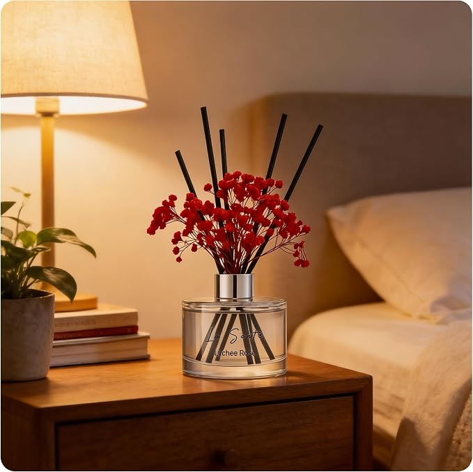 Reed Diffuser Set (6.7fl oz), Natural Lychee Rose Essential Oil Fragrance with Glass Bottle, Black Rattan Sticks & Preserved Flowers, Up to 120 Days Lasting Fragrance for Home & Office