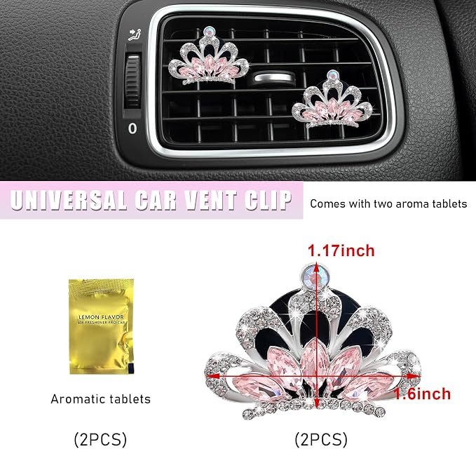 Augeny 2PCS Bling Car Air Vent Clips, Crystal Rhinestone Crown Air Freshener Outlet Diffuser Clip, Auto Air Conditioning Clip Charm for Women Girls, Interior Decor Car Accessories (Pink)