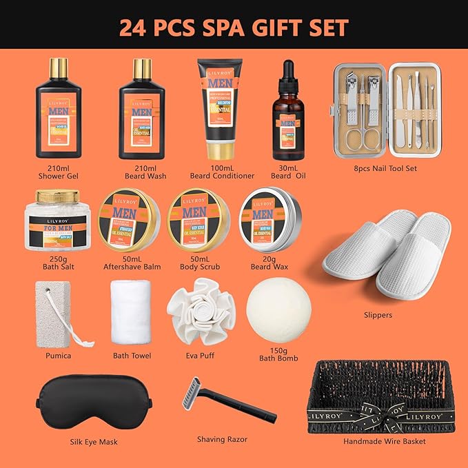 Fathers Day Gifts for Men, Birthday Gift, Spa Set for Men, Bath & Beard Gift Set, Spa Gift Basket for Men - Bath and Body Gift Basket Set | Perfect Gifts for Dad Christmas, Valentines Day Gift for Him