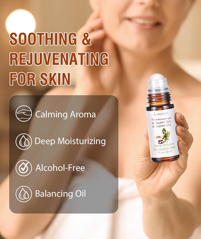 Organic Frankincense, Castor & Jojoba Oil Roll-On – 3-in-1 Blend 100% Pure Essential Oil Blend for Face & Body | Nourishing & Hydrating Body Firming Rollerball 30ML