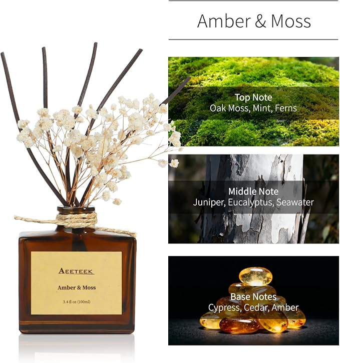 Reed Diffuser, Amber & Moss Essential Oil Diffuser with Dried Flowers, 3.4 oz Scented Oil Air Freshener, Handmade Home Decor, Long-Lasting Room Scent Fragrance for Office, Bathroom