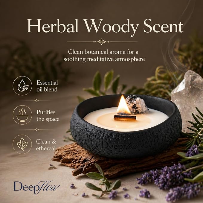 DEEP FLOW Luxury Crystal Ritual Candle - Inner Light with Black & White Moonstone, Clean Herbal Woody Scented Soy Wax for Meditation & Spiritual Clarity (Soul Awakening)