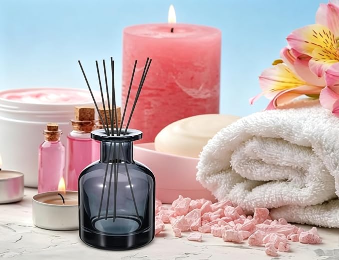 Glass Diffuser Bottles Empty Refillable Glass Container Jar 150ml / 5oz Fragrance Accessories DIY Replacement Diffuser Sticks Sets for Essential Oils Reed Sticks Crafts Spa Home Decoration (Dark Grey)