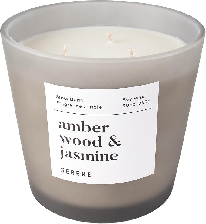 Hidden Label Amber Wood & Jasmine Scented Candle, Non Toxic 30oz Large 3-Wick Soy Wax Candle, Up to 100 Hours Slow Burn, Warm Floral Home Fragrance for Bedroom, Romance & Luxury Gift for Women