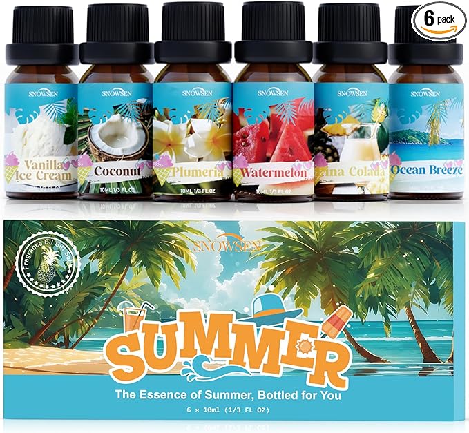 Summer Essential Oil Set for Diffusers for Home Premium Fragrance Oils - Includes Watermelon, Coconut, Ocean Breeze, Plumeria, Vanilla Ice Cream & Pina Colada, Candle Making Scents, 6X10ml
