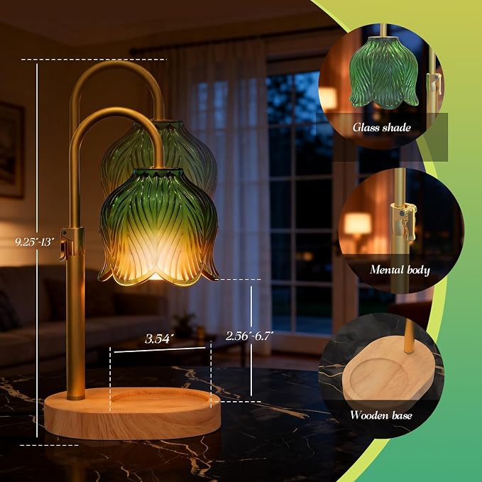 Candle Warmer Lamp with Adjustable Height - Flameless 4-Level Dimmable Wax Warmer, Timer Function & Stylish Design in Multiple Colors (Green Wood Base)