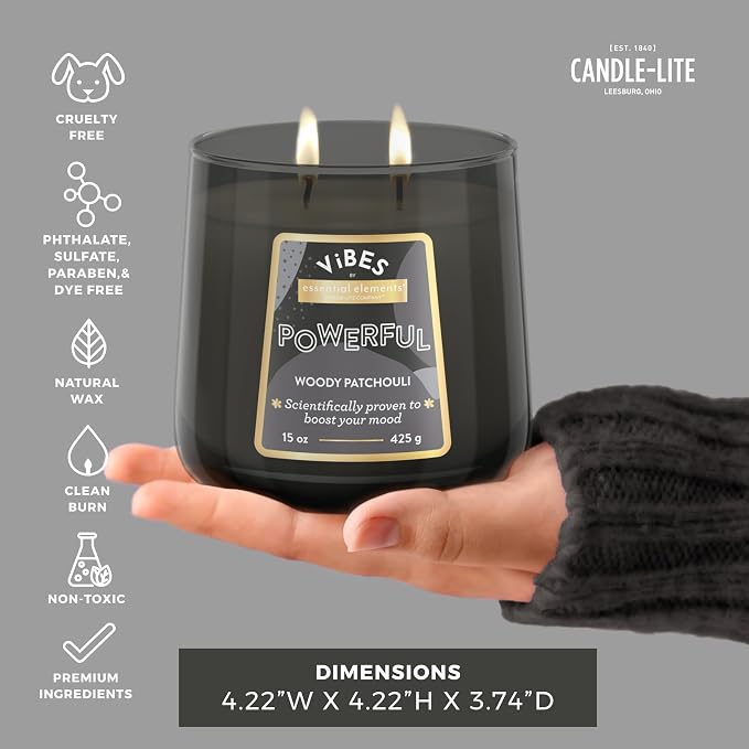 Candle-Lite Vibes Woody Patchouli Mood-Enhancing Scented Candles, 15 oz Jar, Aromatherapy, Proudly Poured in The USA, 2-Wick, 86 Hours Burn Time, Perfect Relaxation Gift