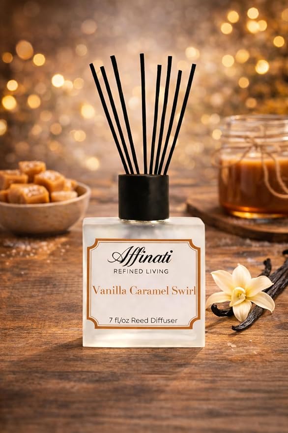 Affinati Vanilla Caramel Swirl Reed Diffuser – 7.0 fl oz Home Fragrance Diffuser with 8 Reeds – Long Lasting Flame Free Room Fragrance for Bedroom, Bathroom, Office & Living Room