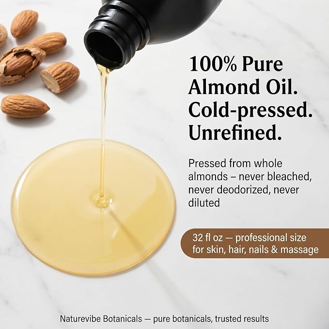 Naturevibe Botanicals Sweet Almond Oil 32 Ounces | 100% Pure and Natural Unrefined Cold Pressed Carrier Oil | Great for Skin Care and Hair Care