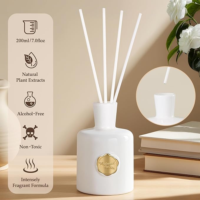XEPTLE White Musk Reed Diffuser, Apple Pear Jasmine with Musk & Ambergris, Home Fragrance Diffuser with 5 Reeds, Air Freshener for Bedroom Living Room Bathroom Décor, 7.04oz, White