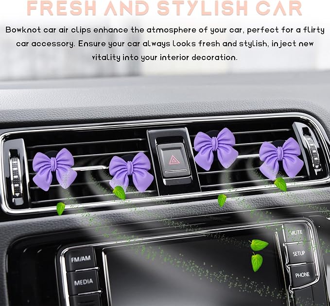 KVAEY 9 PCS Pink Bow Car Air Freshener, Automotive Cute Pink Bow Air Outlet Clips with Scent Pieces, Universal Coquette Car Air Vent Diffuser for Women and Girls (Purple)