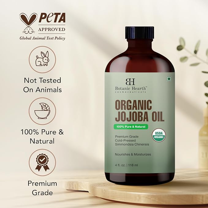 Botanic Hearth USDA Organic Jojoba Oil 4 Fl Oz |100% Pure and Natural- Cold Pressed & Hexane Free Natural Hair Growth Oil for Eyelashes, Eyebrows, Skin, Body, Face, Nails & Scalp