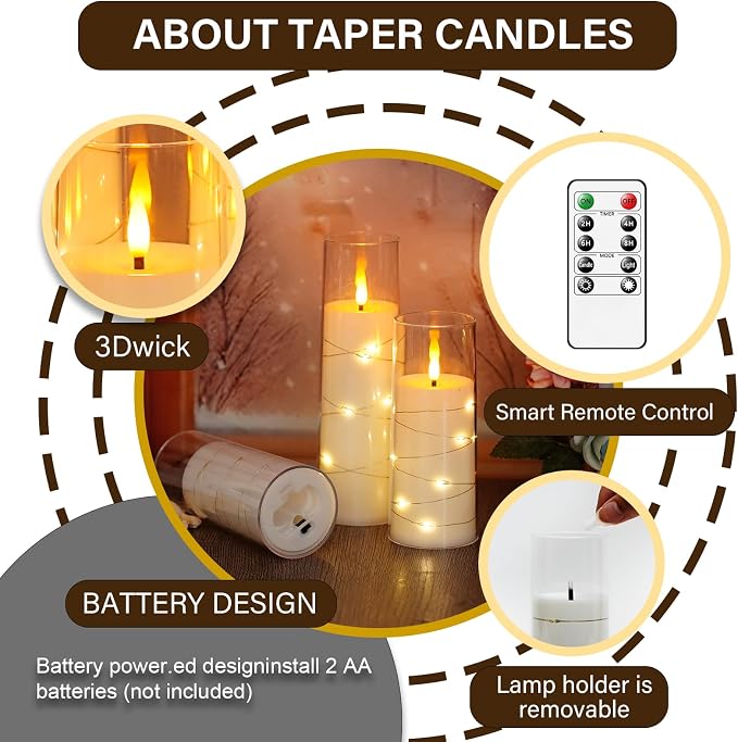 kakoya Flameless LED Candles with Timer 5 Pc Flickering Flameless Candles for Romantic Ambiance and Home Decoration Stable Acrylic Shell,with Embedded Star String，Battery Operated Candles（White）