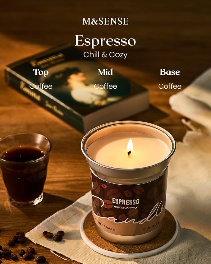 M&SENSE Espresso Candles, Black Coffee Scented, 12.3oz | Plant-Based Soy Wax, 75 Hours Burn Time, Non Toxic Clean Burn, Stress Relief Aromatherapy, Cozy Winter Holiday Home Decor