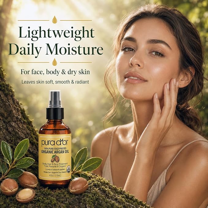 PURA D'OR USDA Organic Moroccan Argan Oil–100% Pure Cold-Pressed Virgin Grade–Treatment for Hair, Skin, Face, Body– Helps Dry Skin, Scalp Care, Split Ends, Nails & Cuticles 4 Oz - Hair Regrowth Tonic