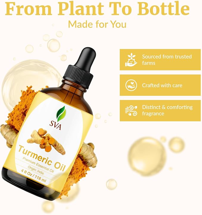 SVA Turmeric Essential Oil 4 Fl Oz – for Diffuser, Skin & Hair Care – Ideal for Massage & DIY Blends - with Dropper