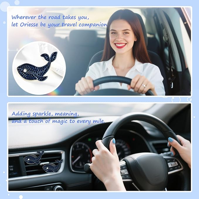 ORIESSE Beach Car Decor,Bling Whale Car Air Freshener Vent Clips,Glamour Dark Blue Cetacean Ocean Themed Vehicle Dashboard Accessories,Refillable Diffuser