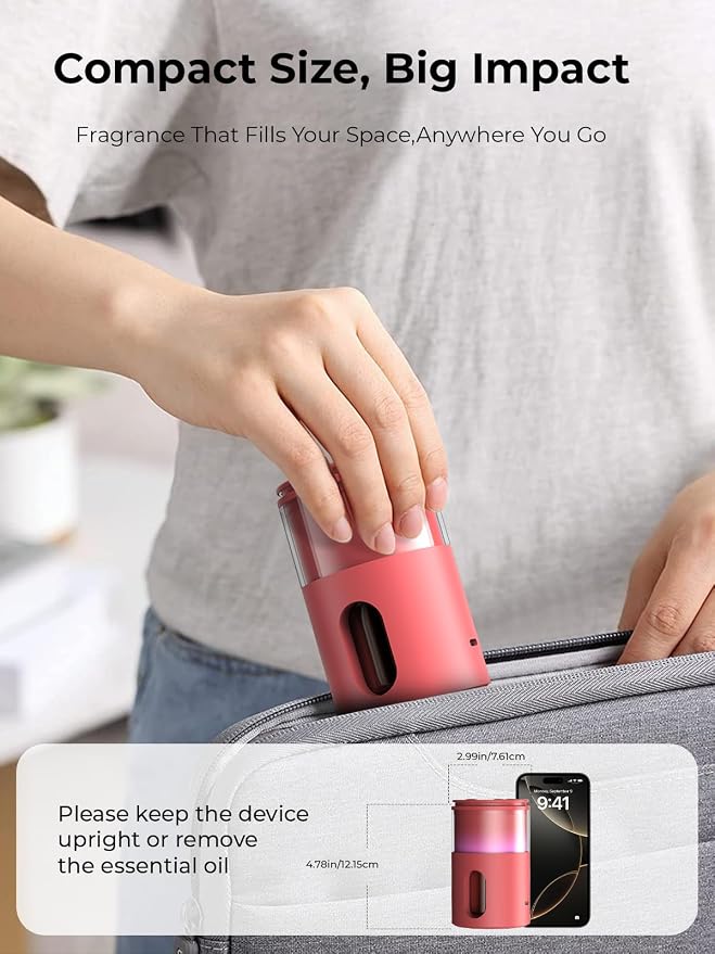 Waterless Essential Oil Diffuser: 𝟗 𝐂𝐨𝐥𝐨𝐫𝐬 𝐋𝐄𝐃 Scent Diffuser for Home&Car&Office - Portable Diffuser with 48H Battery, 4 Timers & 3 Mist Levels, Bright Red