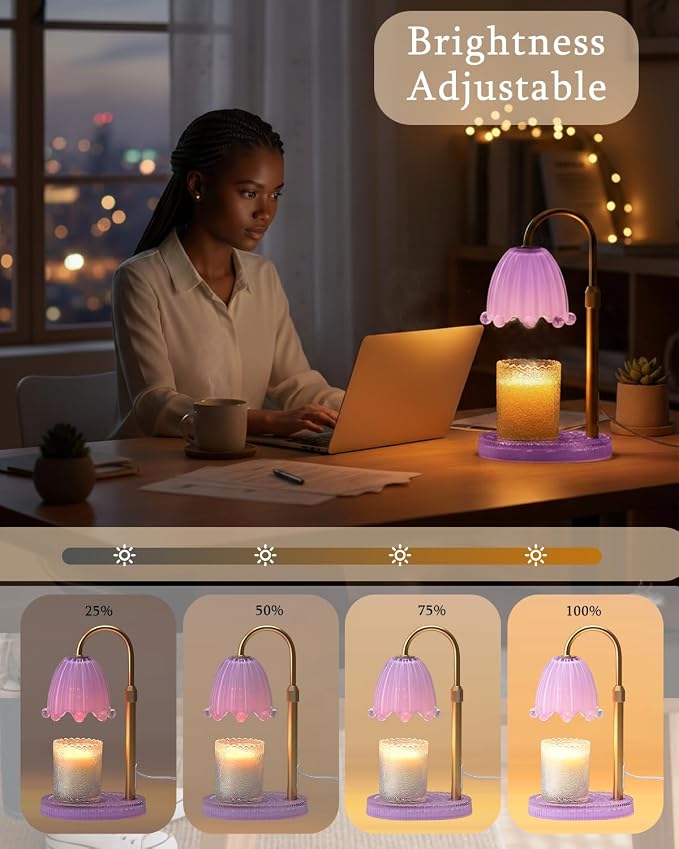 Flower Candle Warmer Lamp Glass Base with Timer & Dimmer, Mothers Day Birthday Gifts for Mom Women, Adjustable Floral Candles Warmer, Girly Wax Warmer New Home Office Decor (Purple-Flower)