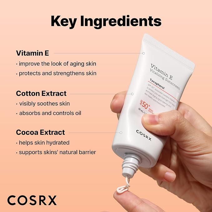 COSRX Vitamin E Sunscreen 2 Pack, Natural Glow Face Sunscreen for Oily Skin SPF 50, Lightweight, Non-Sticky, No White Cast, Beach Essentials, Summer Travel Essentials, Korean Skincare,1.69 fl oz