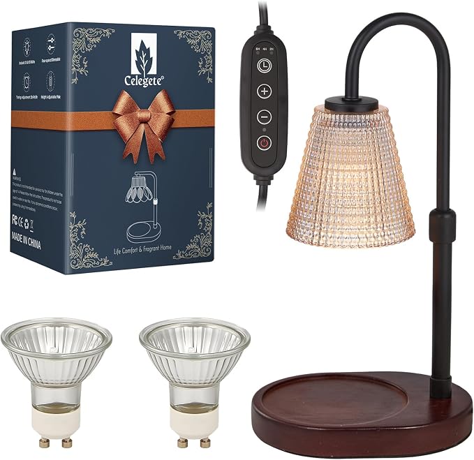 Premium Candle Warmer Lamp with Timer Dimmer-Height Adjustable Wax Melter Suitable for Any Jar Candle, Flameless Heater with Wood Base & Amber Glass,New Home Gifts for Women Mom Daughter Friend