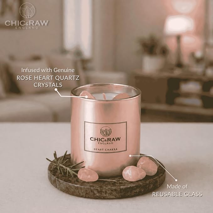 Aromatherapy Candle with 2 Pure Rose Quartz Gems, Scented Candle in Rose Gold, Luxury Long-Lasting Burn Soy Wax, White Tea & Ginger Candle for Home Scented, Unique Healing Gifts,7.05oz
