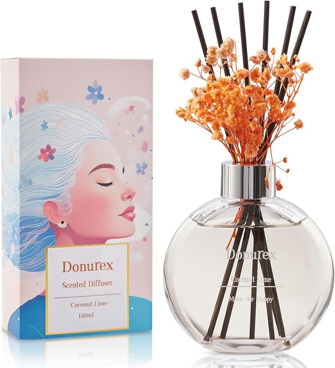 Flower Reed Diffuser Set 5.07oz Coconut Lime Scent Diffuser with Sticks Home Fragrance Reed Diffuser for Bathroom Shelf Decor
