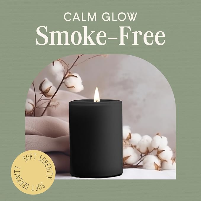 Mister Candle Dripless Unscented Black Pillar Candles, Set of 3 Hand Poured Solid Color Non-Scented Candles for Home Decor, Premium Wax, 60 Hr Burn Time - 3x4 Inch, Black