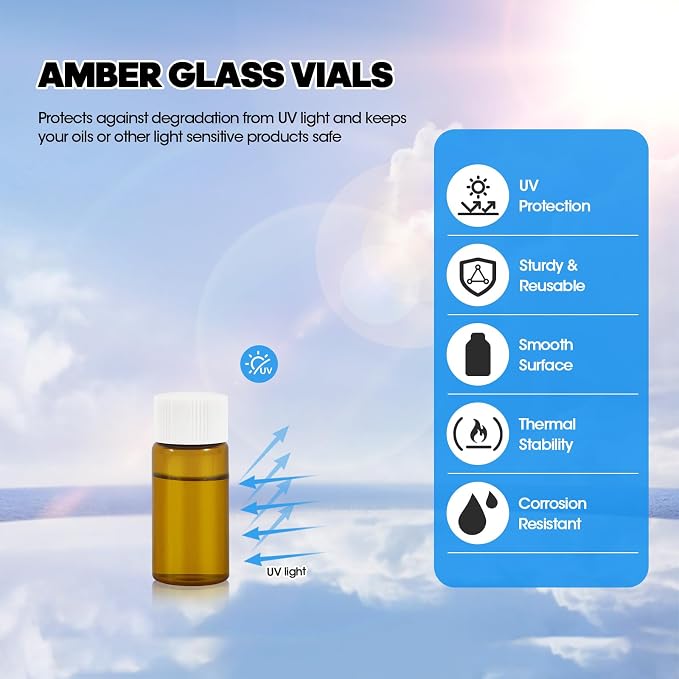 50PCS 4ml Amber Glass Vials with White Screw Caps and Plastic Stoppers, 1 Dram Leak-Proof Small Liquid Sample Bottles for Essential Oils, Perfumes, Reagents