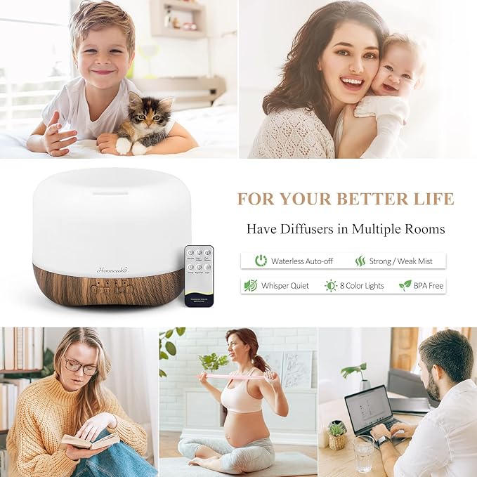 Aromatherapy Essential Oil Diffuser for Room: Air Humidifier Aroma Scent Cool Mist Diffuser Colorful Lights Wood Cute Small Large Auto Off Ultrasonic Diffusers for Home Bedroom (300ml)