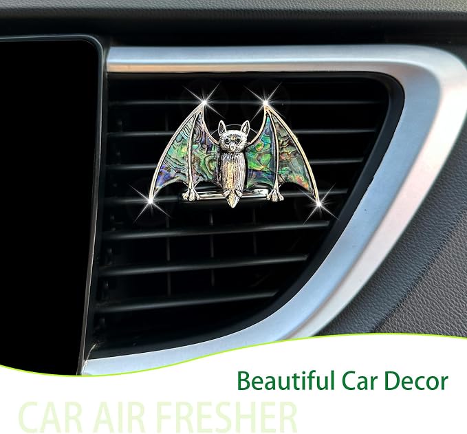 ORIESSE Bat Air Vent Clip Car Air Freshener Outlet Clips Natural Abalone Shell Seashell Color Vampire Bat Car Accessories Gothic Car Decor Refillable Car Diffuser Clips (Medium Bat)