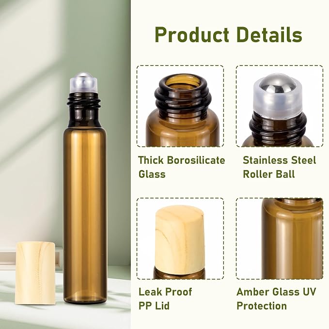 10mL(1/3 Oz) Amber Glass Roll On Bottles, 8 Pack Leak Proof Refillable Roller Bottles for Essential Oils, Perfume, DIY Craft, Samples, Eye Roller, Travel Portable