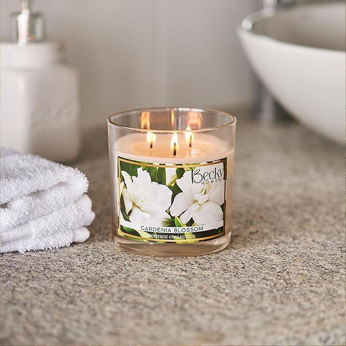 Gardenia Blossom 3 Wick Candle, 14.5oz, Large, Traditional, White, Glass Jar, 4" H x 4" D, 60+ Hour Burn Time, Indoor Use, 1 Count