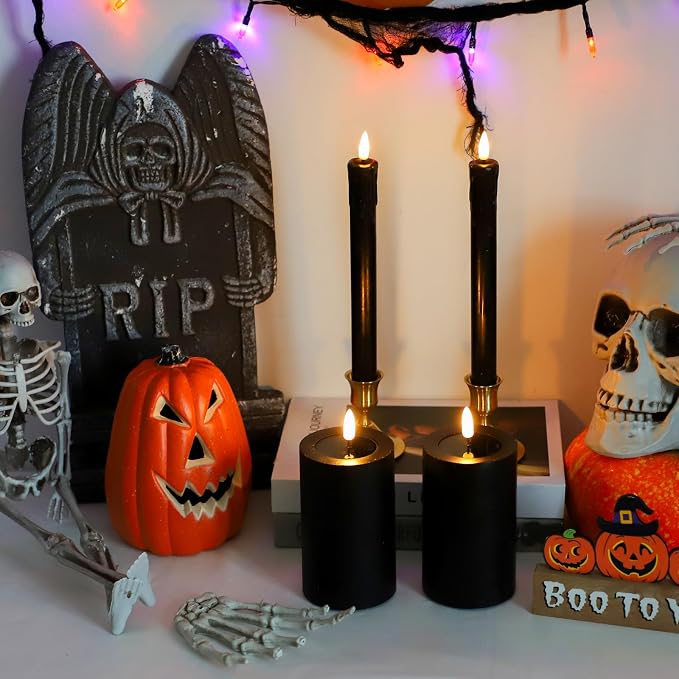 Lezonic Halloween Black Flameless Candles with Remote, Battery Operated Real Wax with Dripping Effect, Flickering LED Candles for Fireplace, Shelf, Centerpiece, Set of 4 (9.5" Taper & 5" Pillar