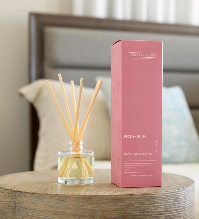 Field + Fleur - Reed Diffuser Set - Home Fragrance Diffuser - Refresh Home, Bedrooms, Bathrooms & More - Notes of Peony, Geranium & Ylang-Ylang - Made in the USA - Peony Blush Scent - 4 oz