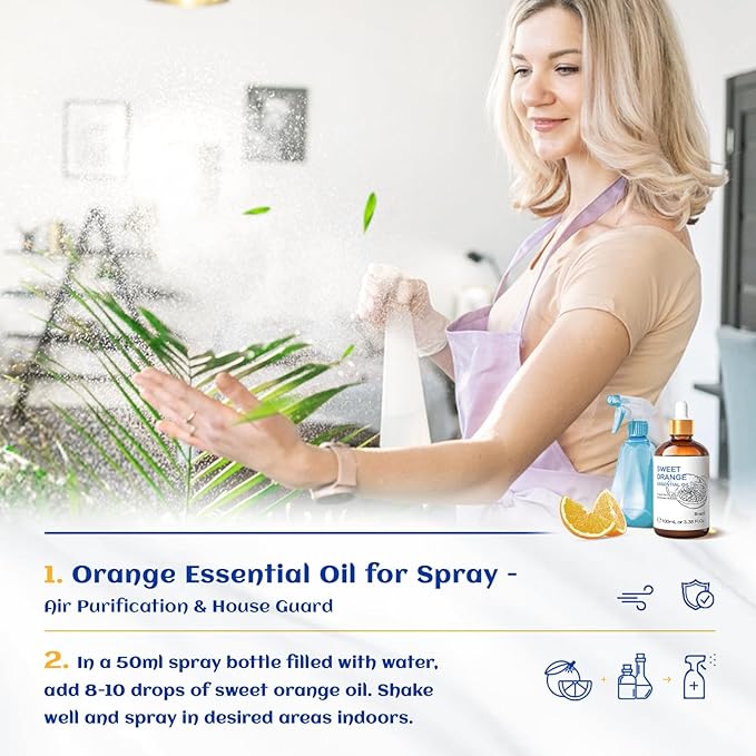 HIQILI 100ML Orange Essential Oil for Air Freshener, DIY Soap, Skin Care, Can be Added to Diffusers, Dryer Balls, Lotions for Use - 3.38 Fl Oz | Aromatherapy for Diffusers & Air Freshening, Skin Care, DIY for Cleaning Spray, Hand Soap, Candle & Soap