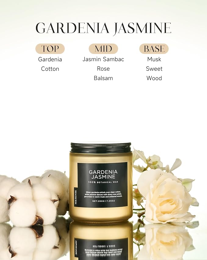 M&SENSE Gardenia Jasmine Scented Candles, 7.05oz Natural Soy Wax, Clean Non Toxic, 50 Hours Slow Burning Floral Scented Aromatherapy Candle for Housewarming Gifts Bath & Office