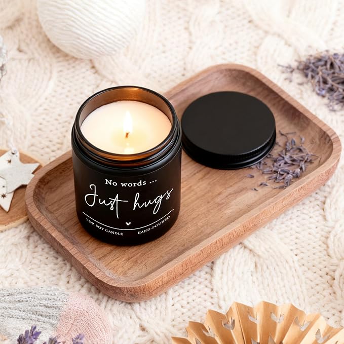 Shqiueos Sympathy Gifts for Loss of Loved One-No Words Just Hugs Lavender Scented Candle, Bereavement Gift Idea, Memorial, Grief, Thinking of You, Get Well, Comfort Condolence Gift (Black)