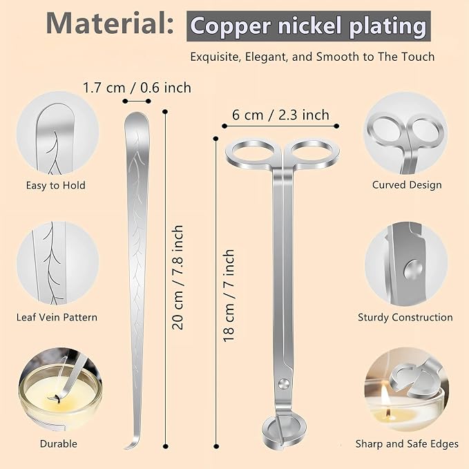 Candle Wick Trimmer Set with Wick Dipper, Copper Nickel Plated Textured Mirror Finish, Aesthetic Candle Accessory for Relaxation & Bedtime Rituals
