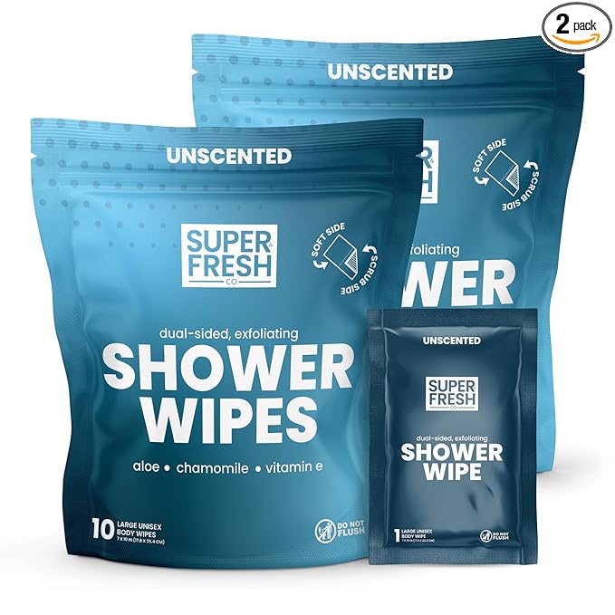 Super Fresh Shower Body Wipes, Travel Essentials for Camping, Large Unscented for Adults, Women, Men, Kids Personal Hygiene Cloth Enriched with Aloe and Vitamin E, Individually Wrapped 20 Pack